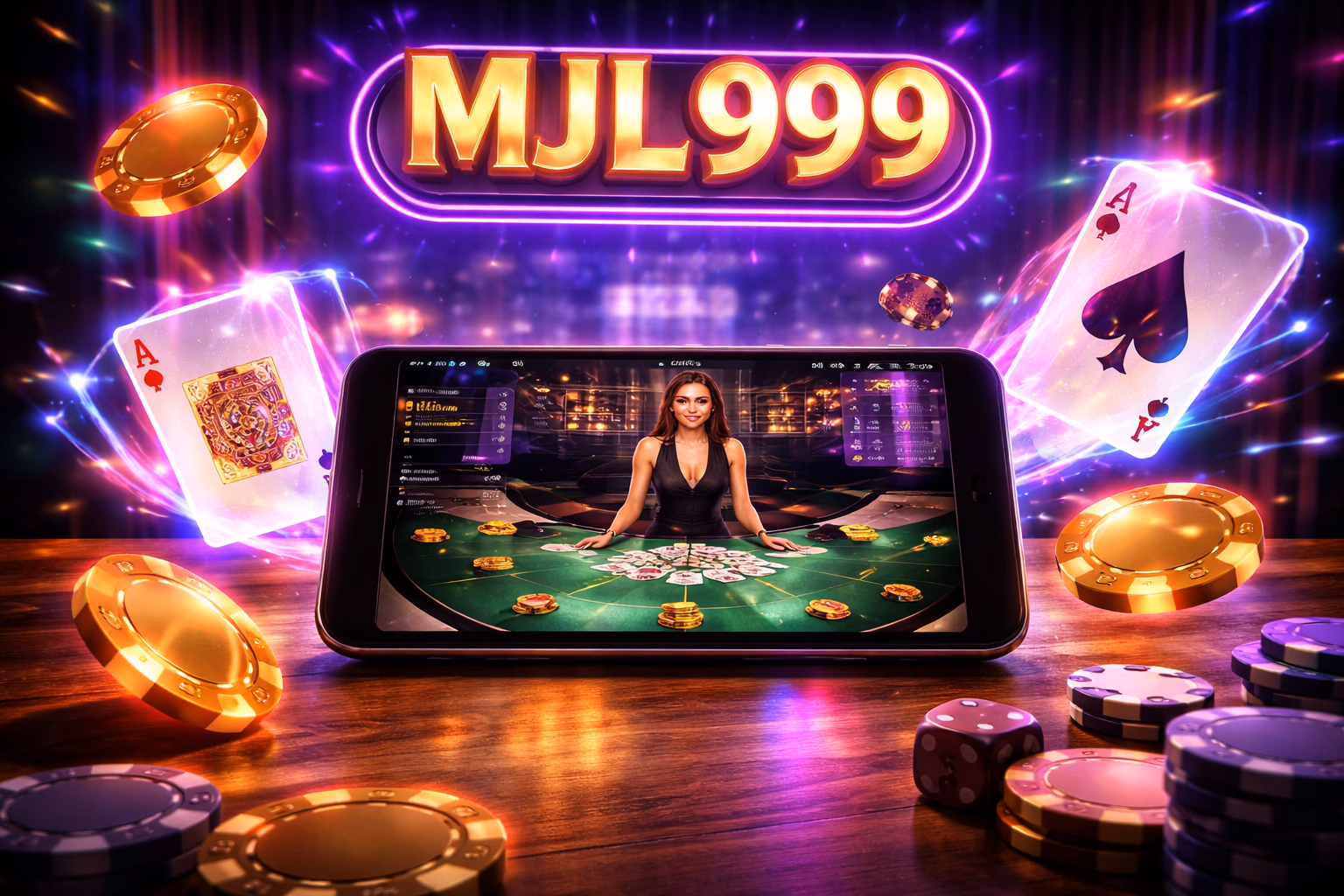Confident Bangladeshi player browsing the MJL999 app interface on a smartphone with casino chips and playing cards in the background