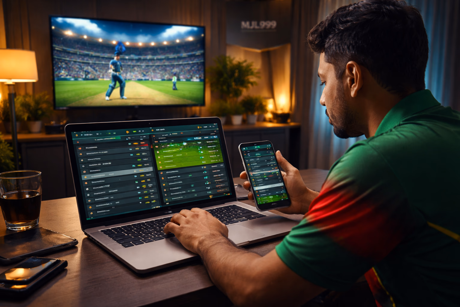 Focused Bangladeshi bettor analyzing cricket and football odds on a laptop using MJL999 while a live match streams on the television in a comfortable living room
