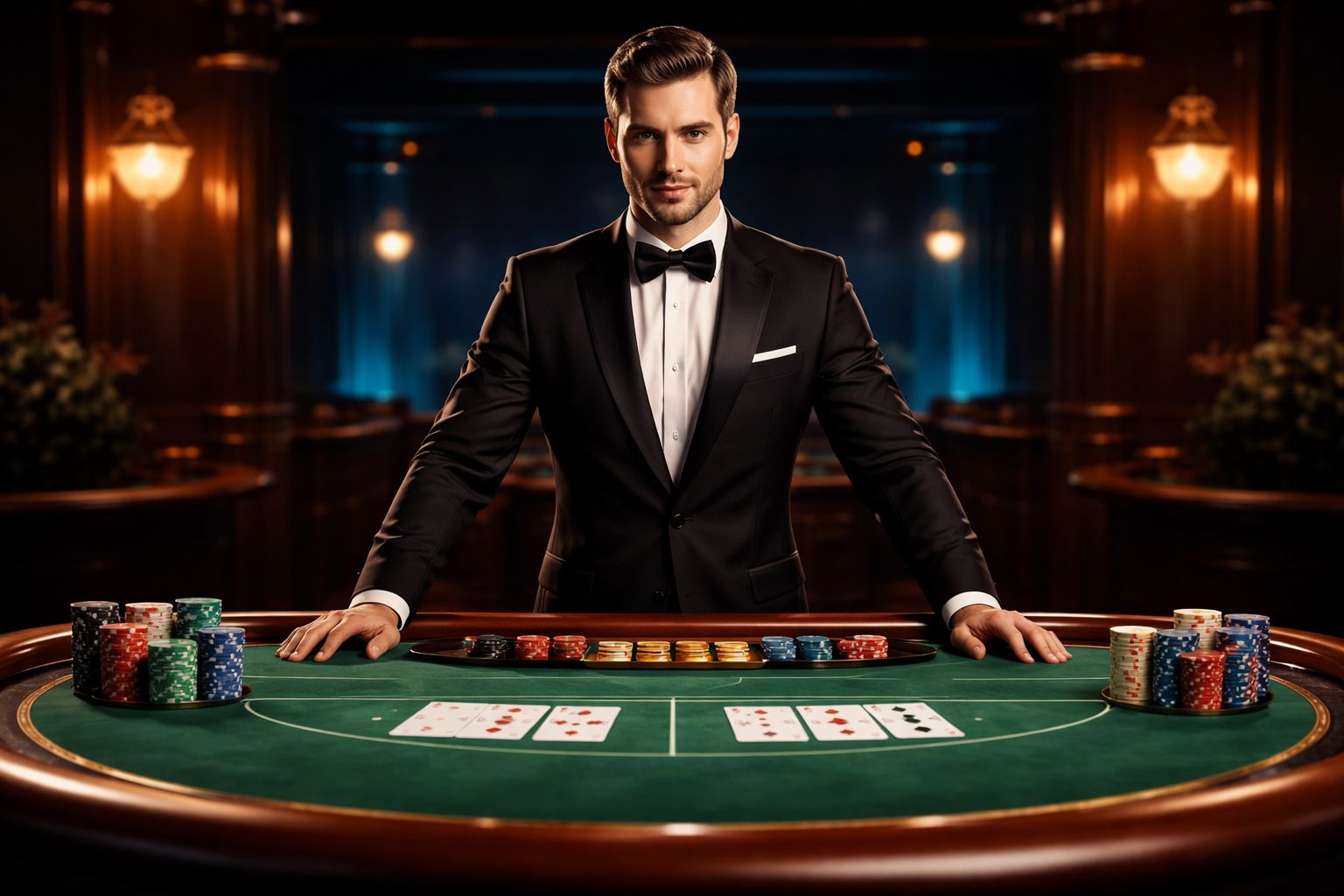 Elegant live casino dealer confidently presenting cards at a luxurious baccarat table with ambient golden lighting showcasing MJL999 premium atmosphere