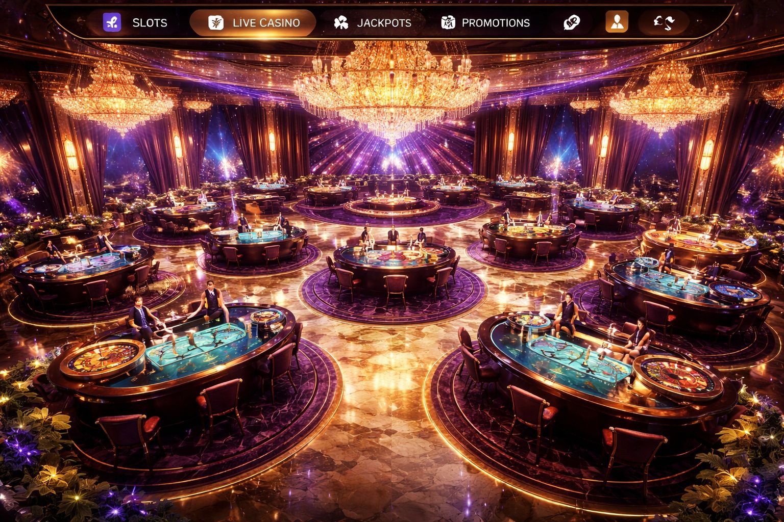 Confident casino host standing beside a premium roulette table with floating golden coins and ambient purple lighting representing MJL999 live casino excellence in Bangladesh