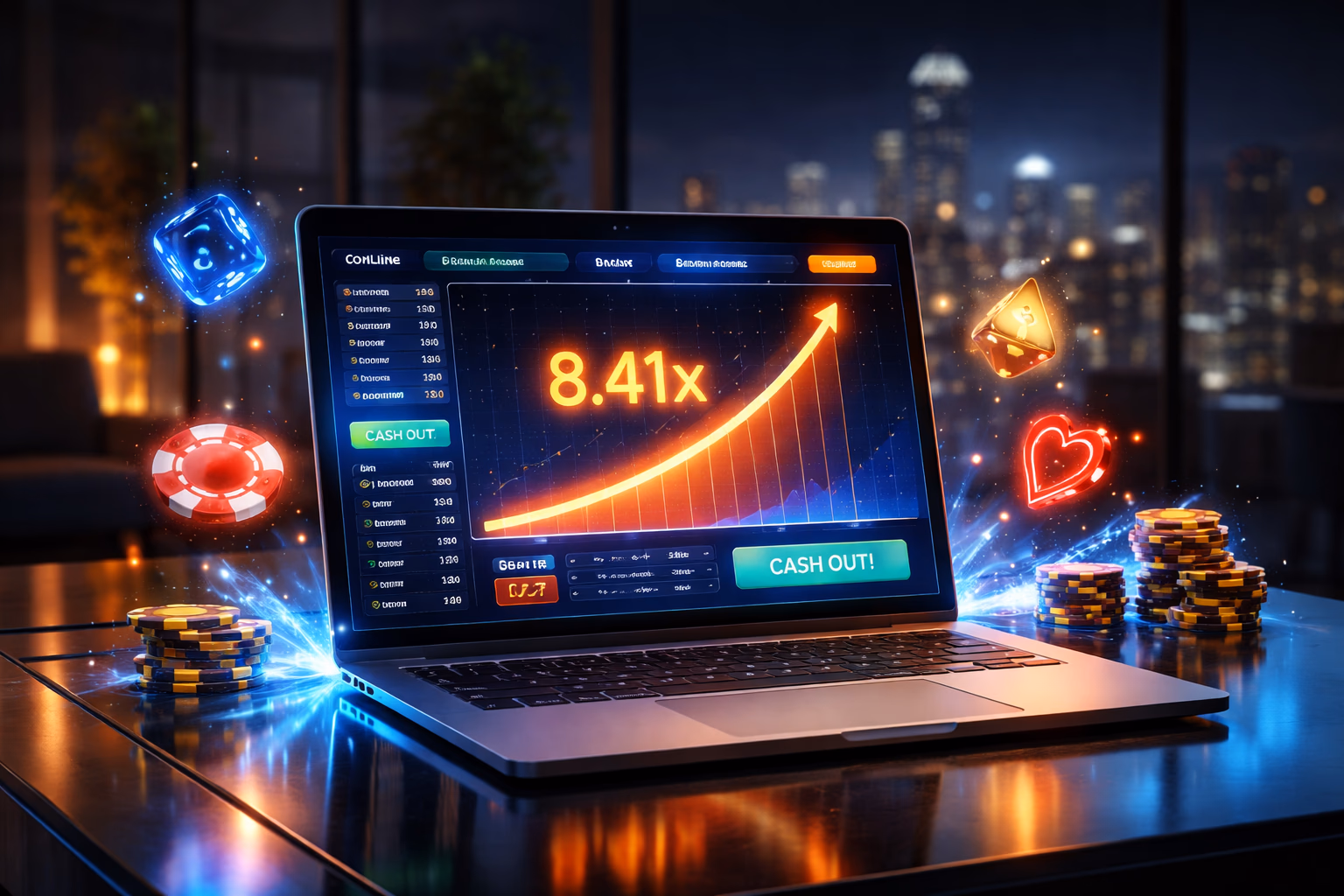 Laptop display showcasing the MJL999 Aviator crash game interface alongside spinning roulette wheels and vibrant digital casino elements