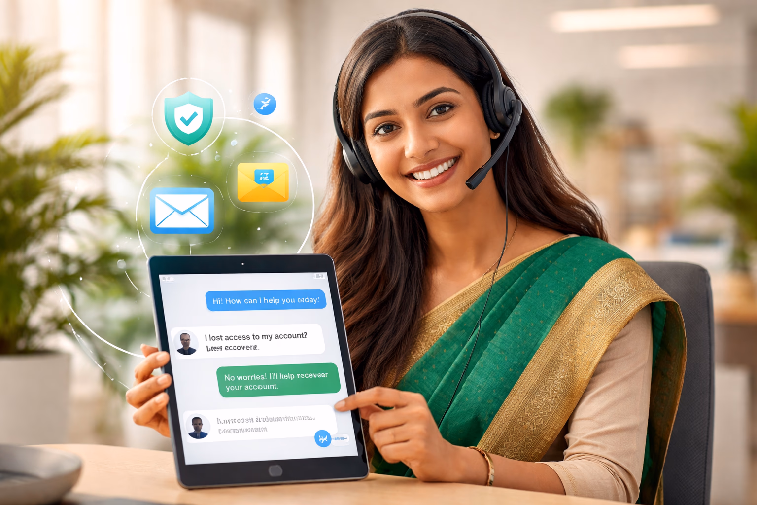Welcoming Bengali support specialist assisting a player with MJL999 account recovery in a modern bright office setting with floating digital icons