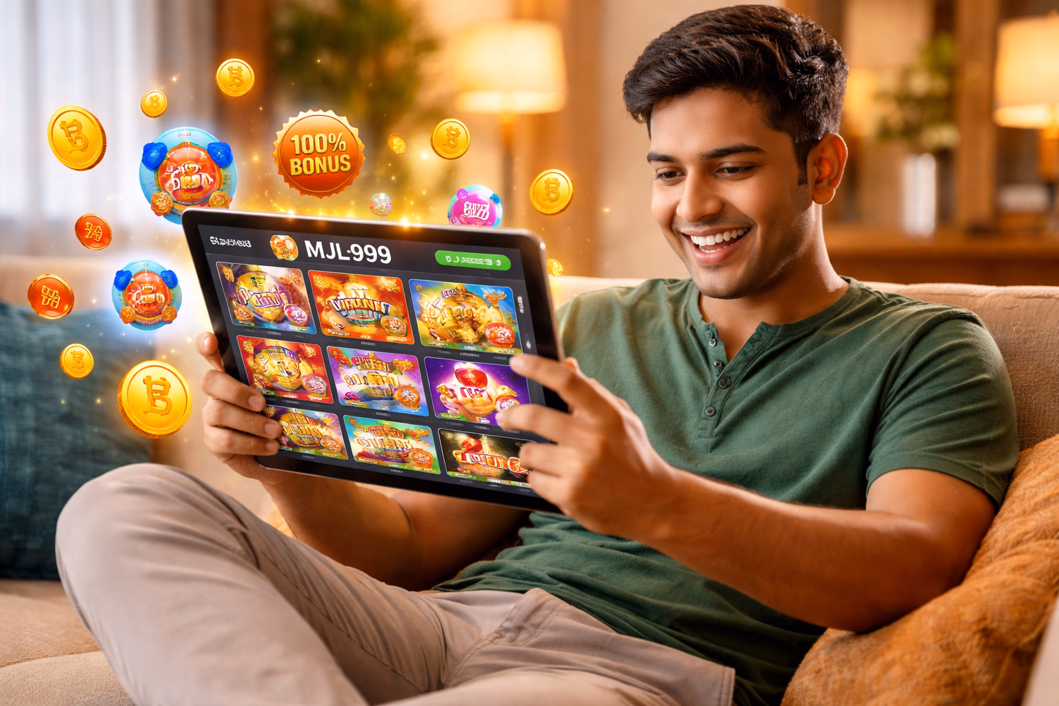 Enthusiastic Bengali player exploring the MJL999 account dashboard on a tablet with colorful reward icons and taka currency symbols floating around