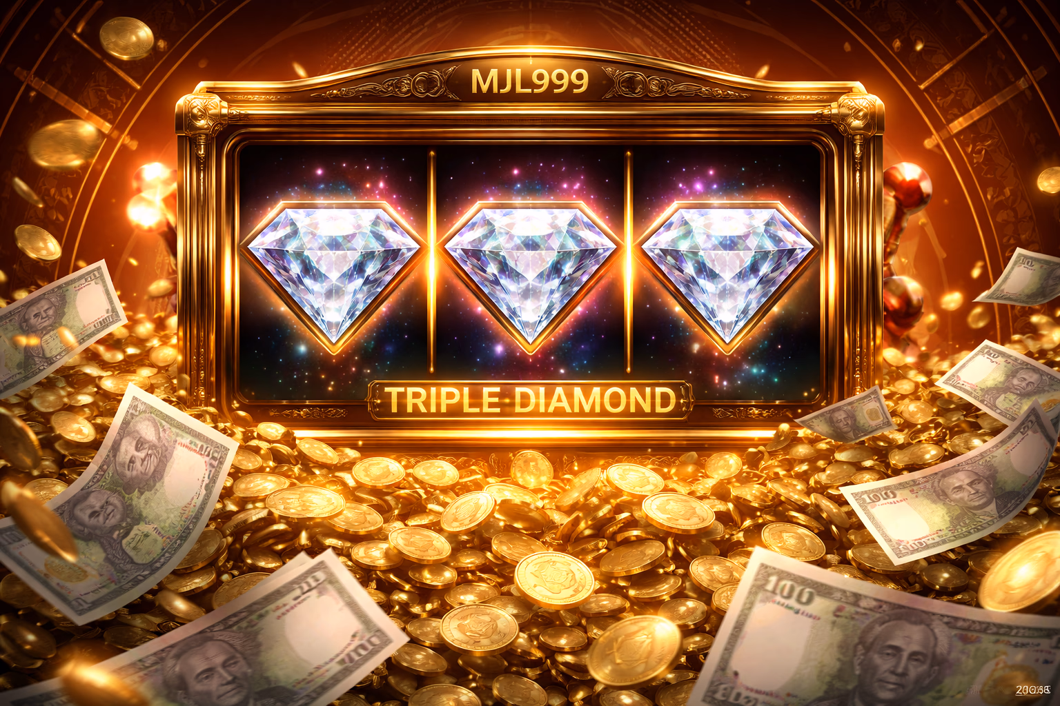 Elegant Bangladeshi woman in traditional attire enjoying a luxurious gold-themed slot machine experience at MJL999